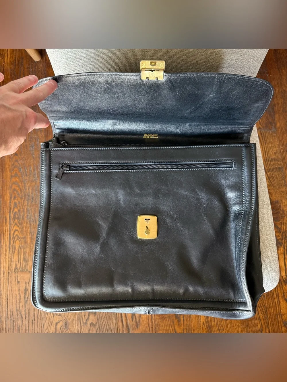 Vintage Bally Italy Black Leather Briefcase Attaché Brass Lock & Original Key